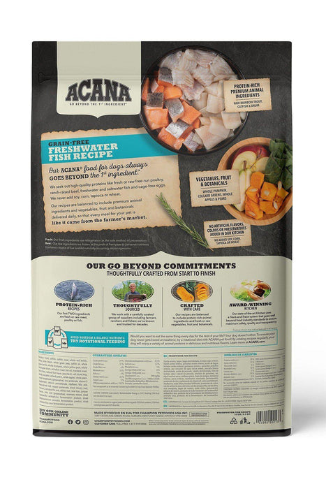 Acana Heritage Freshwater Fish Dry Dog Food Back of Bag