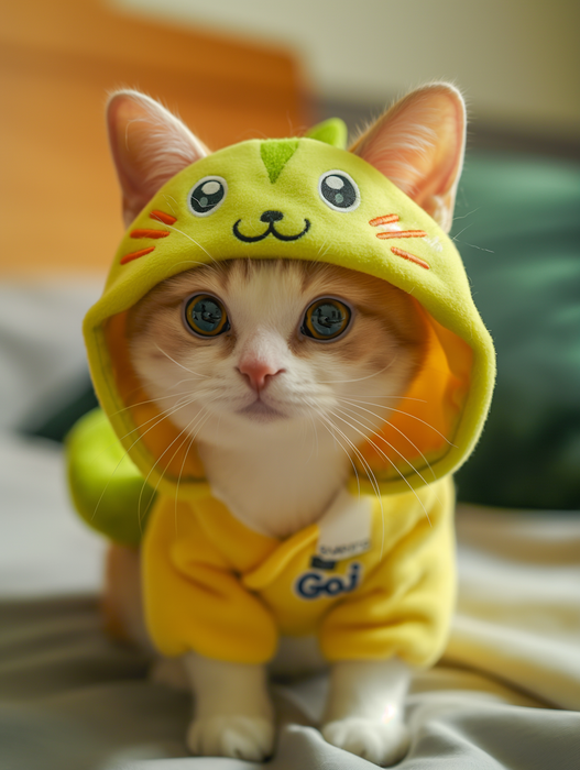 Cat wearing a yellow costume with a hood, sitting on a soft surface.