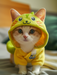 Cat wearing a yellow costume with a hood, sitting on a soft surface.