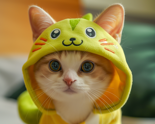 Cat wearing a yellow cat-shaped hoodie with a blurred background