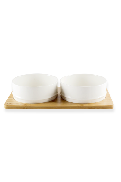BeOneBreed Bamboo Tray with White Dog Bowls