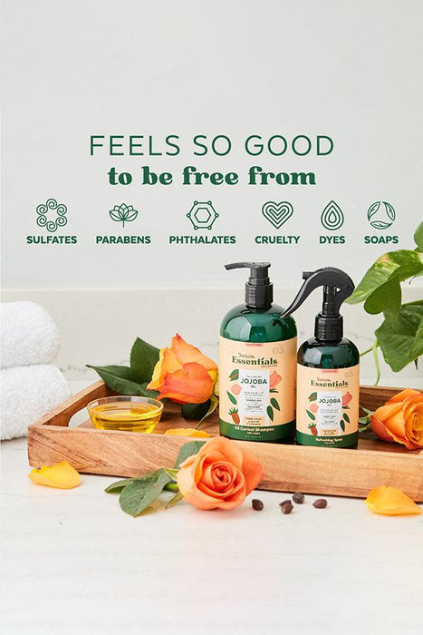 TropiClean Essentials Jojoba and Rose Balancing Shampoo. Free of sulfates, parabens, phthalates, cruelty, dyes, soaps.