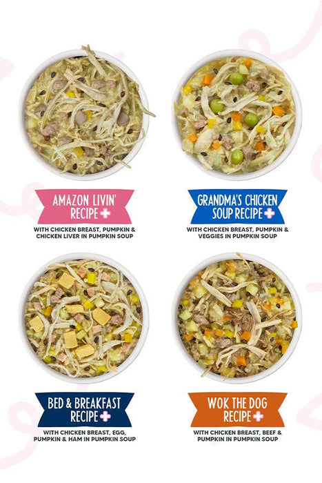 Weruva Belly Belly Nice Meals n More Variety Dog Cans. Amazon Livin', Grandma's Chicken Soup, Bed & Breakfast, Wok the Dog recipes.